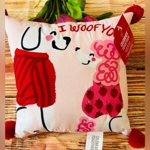 Celebrate Together I Woof You Dog Pink Pom Pom Throw Mini Pillow NWT